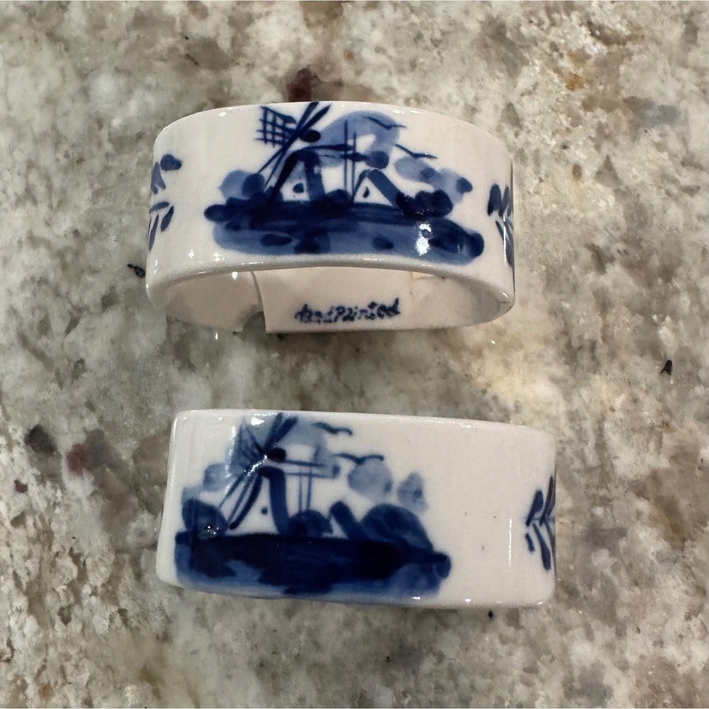 Vintage Delft Blue White Hand Painted Windmill Ceramic Napkin Rings Set of 2
